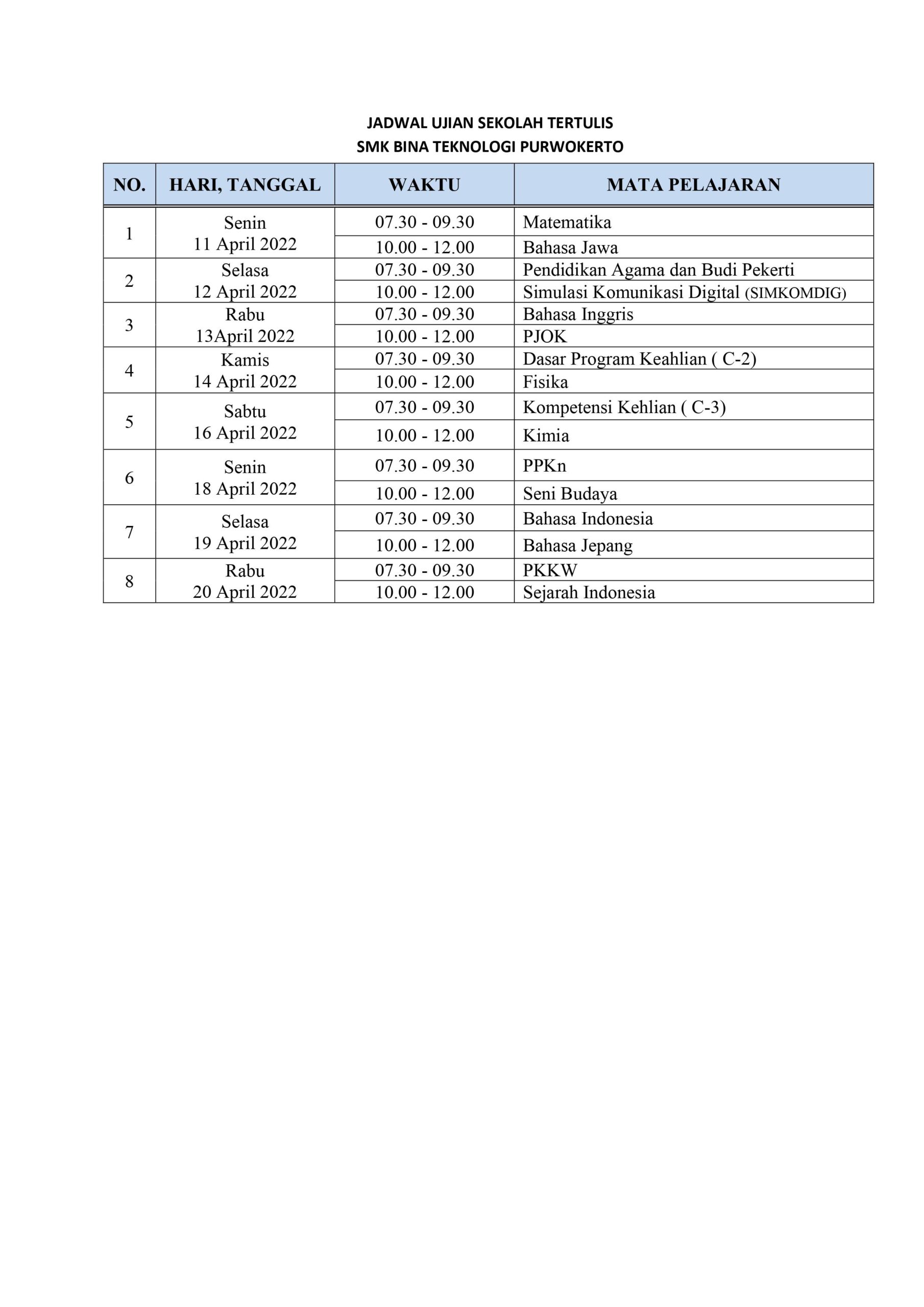 Jadwal Ujian Sekolah Tertulis Smk Bina Teknologi Purwokerto